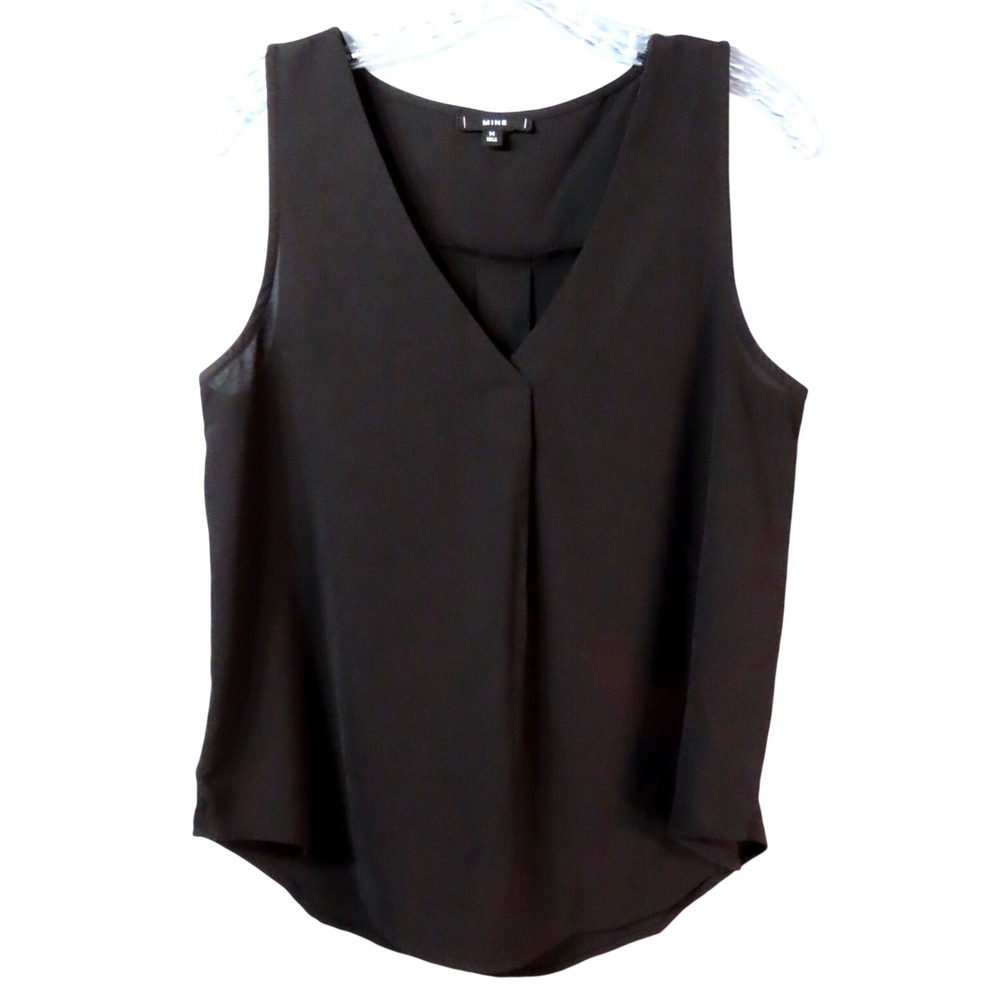 MINE BRAND Black Chiffon DRAPED PLEATED TANK TOP Curved Hem V-NECK Flowy Boho M